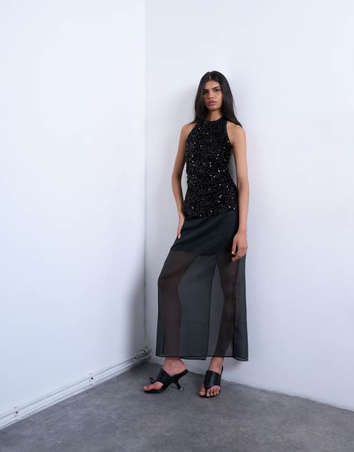 Topshop – Prześwitująca czarna spódnica maxi z organzy, część zestawu, 3 z 5