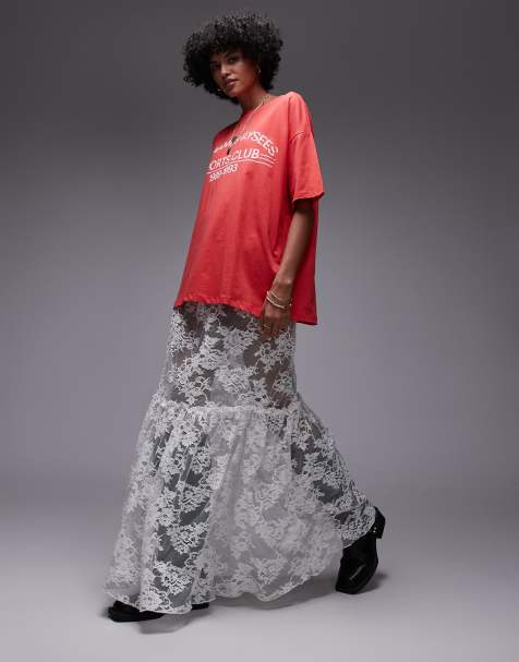 Topshop ruffle seam sheer lace maxi skirt in ivory