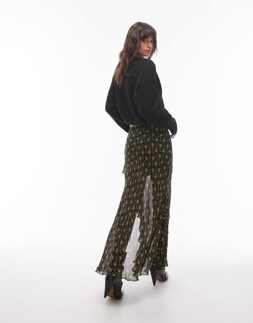 Topshop – Prześwitująca spódnica maxi z falbanką w musztardowy kwiatowy wzór w stylu vintage