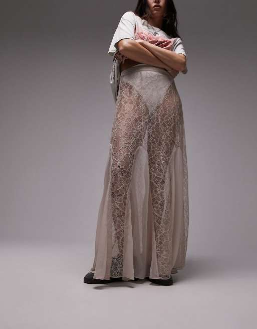 Topshop – Prześwitująca spódnica maxi z koronkowego szyfonu w neutralnym kolorze z godetami