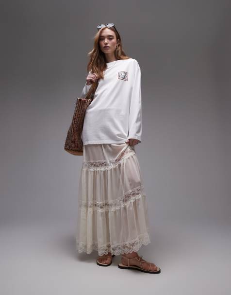 Topshop – Prześwitująca spódnica maxi z koronkowymi wstawkami w kolorze kości słoniowej - view 1