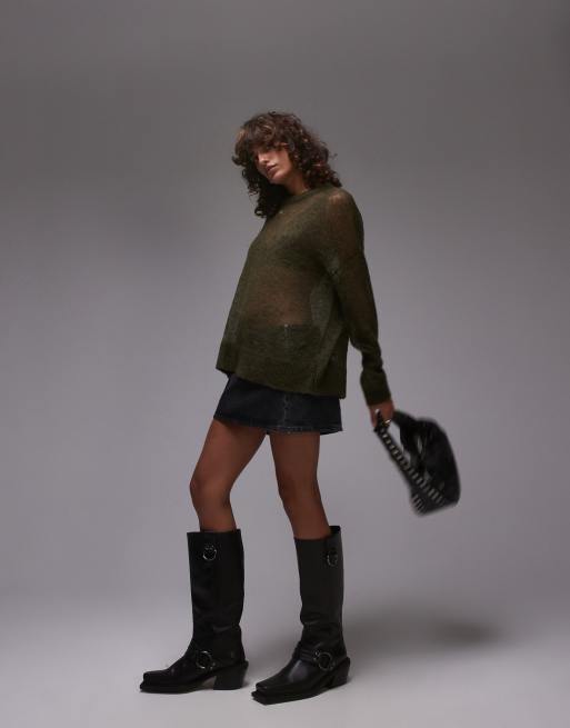 Topshop – Prześwitujący dzianinowy sweter o wydłużonym fasonie w kolorze khaki