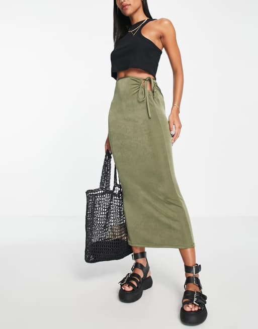 Topshop – Przylegająca dżersejowa spódnica midi w kolorze khaki z wycięciem i wiązaniem w talii 