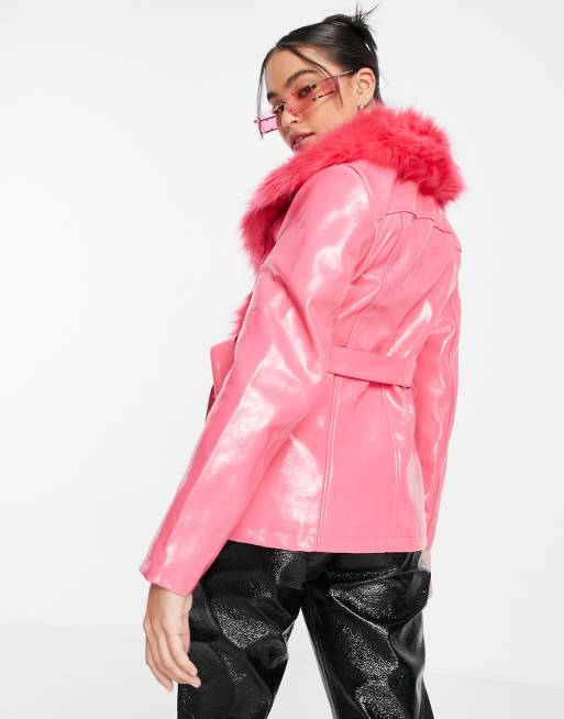 Topshop faux fur trim coat in pink