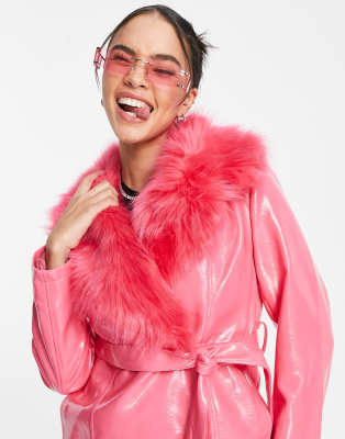 pink coat with fur trim