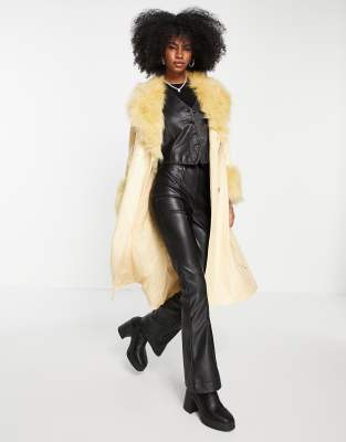 Topshop yellow faux store fur trim coat