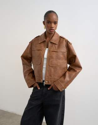 Topshop Pu Heavy Washed Zip Through Jacket In Brown