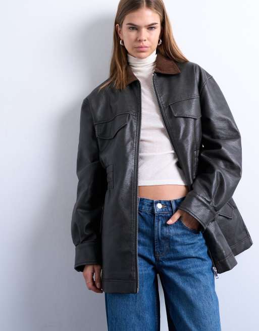 Topshop – PU-Jacke in Schwarz mit kontrastierendem Cordkragen und geraffter Taille