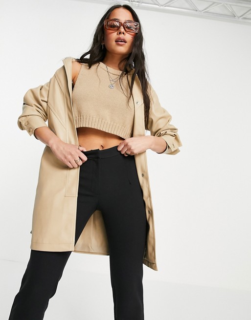 Topshop faux leather seamed tie jacket in cream