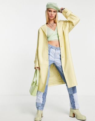 Topshop PU mid-length coat in lemon