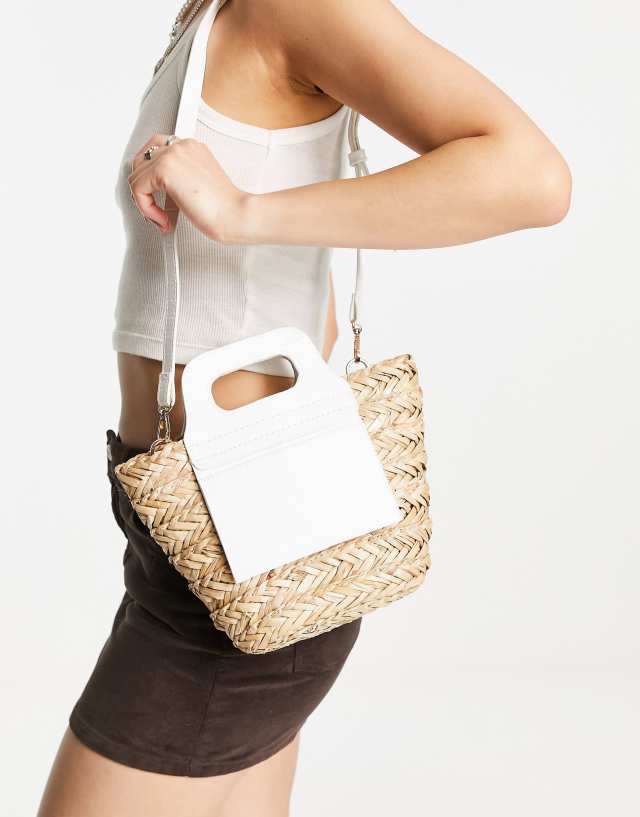 Topshop PU mix straw crossbody bag in white