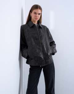PU zip through jacket in washed black