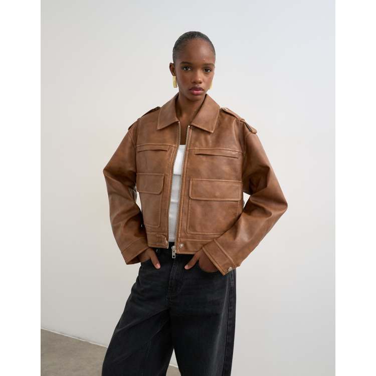 Topshop PU zip through jacket in washed brown | ASOS