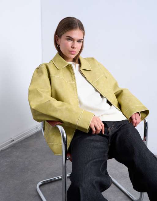 Topshop PU zip up jacket in buttermilk | ASOS