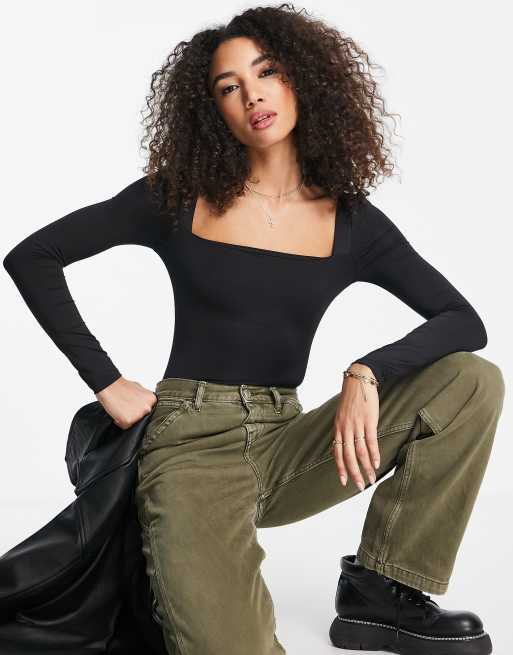 Topshop puff long-sleeved bodysuit in black