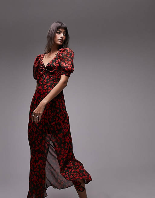 Topshop puff sleeve bias maxi dress in red print | ASOS