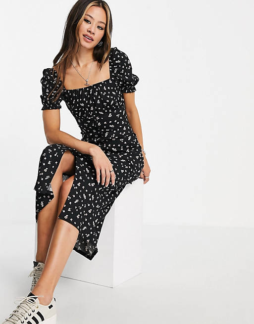 Topshop puff sleeve button through jersey midi dress in micro ditsy