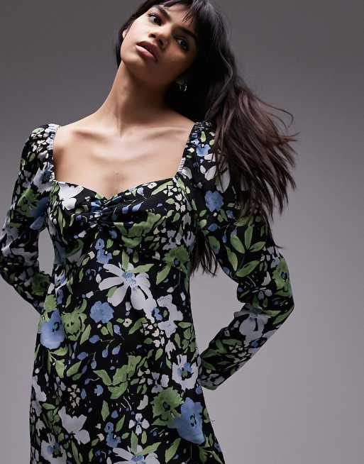 Topshop puff sleeve floral mini tea dress in multi