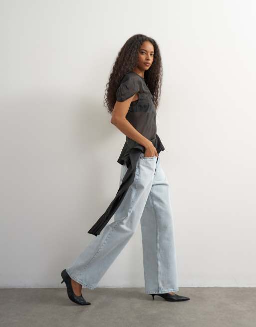 Topshop puff sleeve organza ruffle detail top in black, 2 of 4