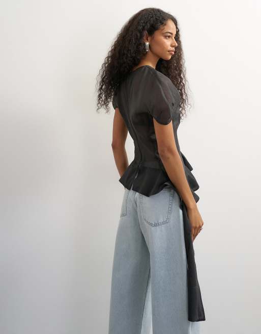 Topshop puff sleeve organza ruffle detail top in black, 3 of 4
