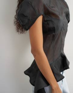 Model wearing Puff sleeve organza ruffle detail top in black