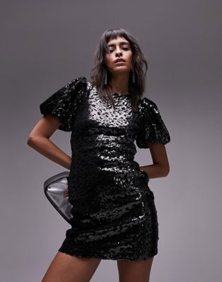 Topshop puff sleeve sequin mini dress in silver and black-Multi