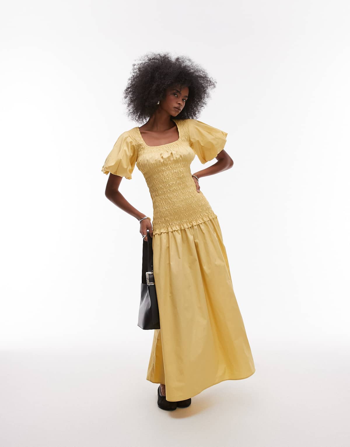 Topshop puff sleeve square neck shirred maxi dress in buttermilk
