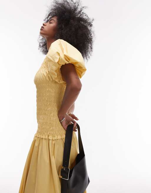 Topshop puff sleeve square neck shirred maxi dress in buttermilk
