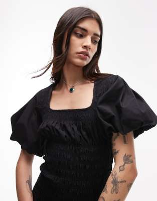 Topshop puff sleeve square neck shirred midi dress in black