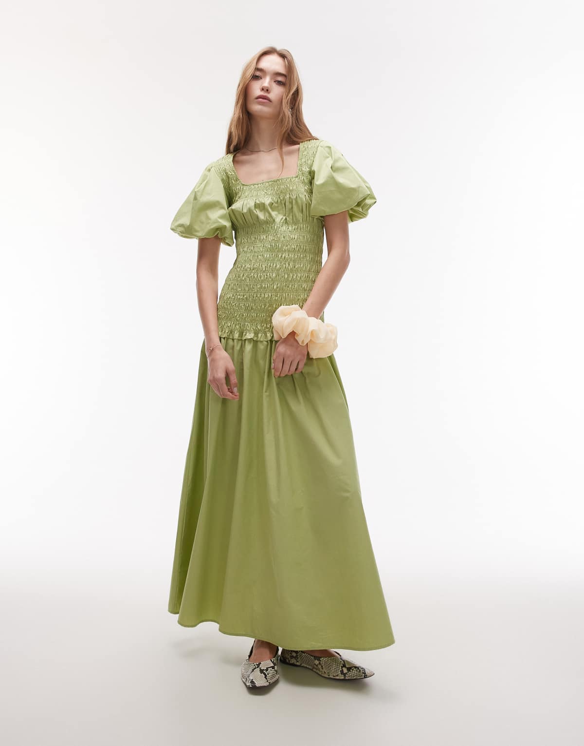 Topshop puff sleeve square neck shirred midi dress in green