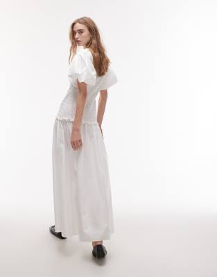 Topshop Puff Sleeve Square Neck Shirred Midi Dress In White