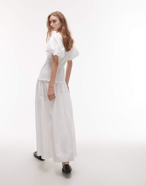Topshop puff sleeve square neck shirred midi dress in white
