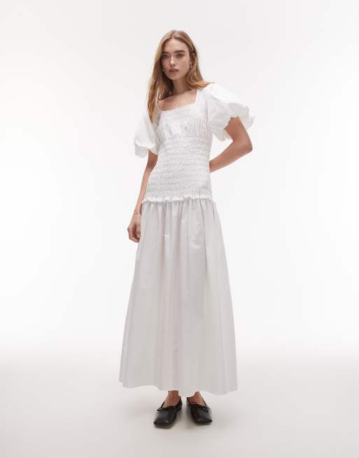 Topshop puff sleeve square neck shirred midi dress in white | ASOS