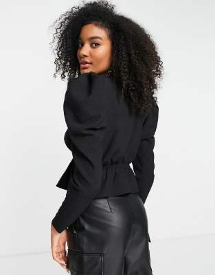 black puff sleeve tie front top
