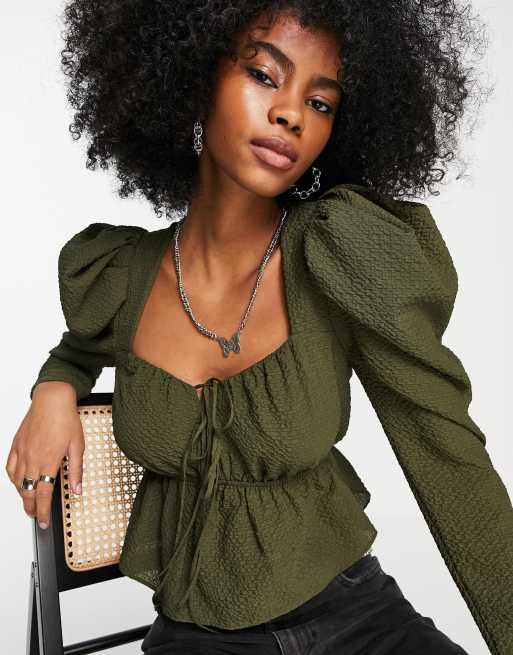 Topshop puff sleeve tie front textured top in khaki | ASOS