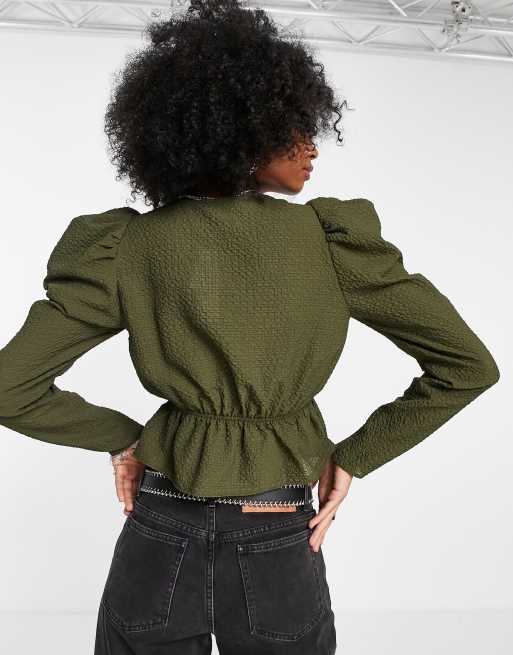 Topshop puff sleeve tie front textured top in khaki , 2 of 4