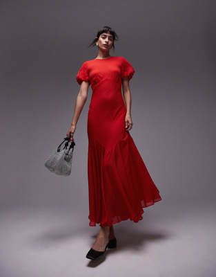 Topshop puff sleeve volume hem maxi dress in red