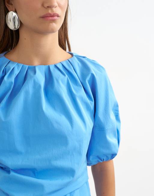 Topshop puff sleeve wrap hem detail top in cornflower blue, 3 of 4