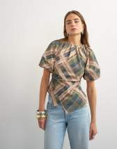 Topshop puff sleeve wrap hem detail top in green check