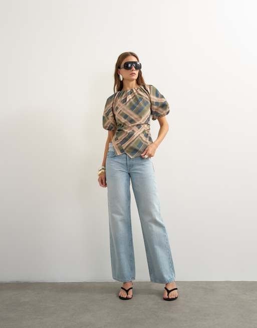 Topshop puff sleeve wrap hem detail top in green check, 2 of 4