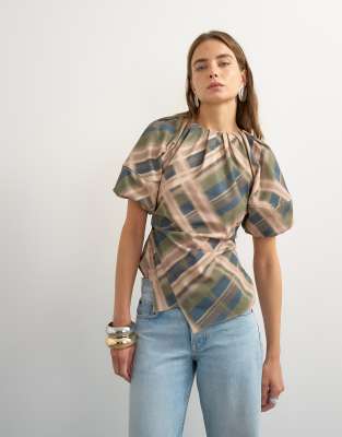 Topshop Puff Sleeve Wrap Hem Detail Top In Green