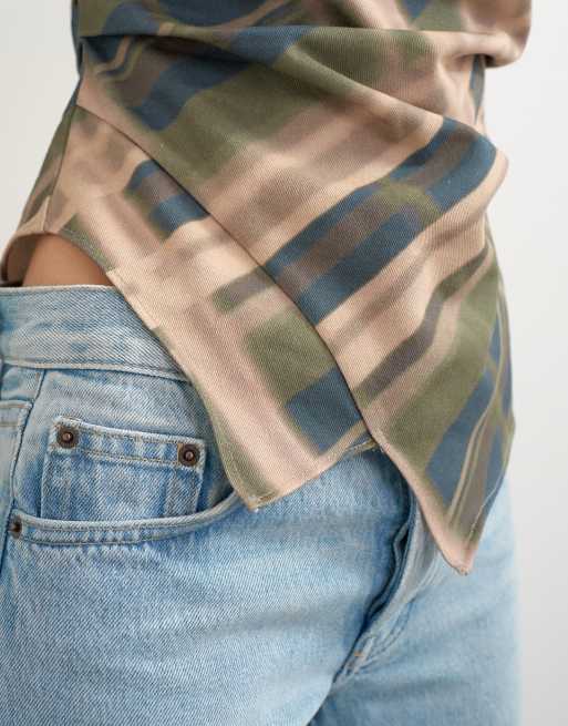 Topshop puff sleeve wrap hem detail top in green plaid, 3 of 4