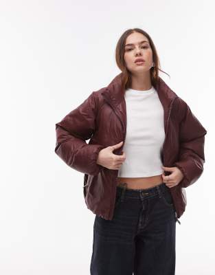 puffer bomber jacket in burgundy-Red