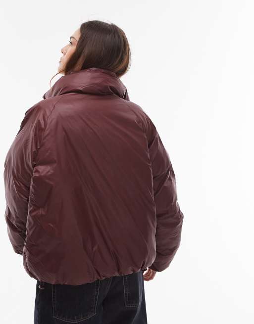 Topshop puffer bomber jacket in burgundy
