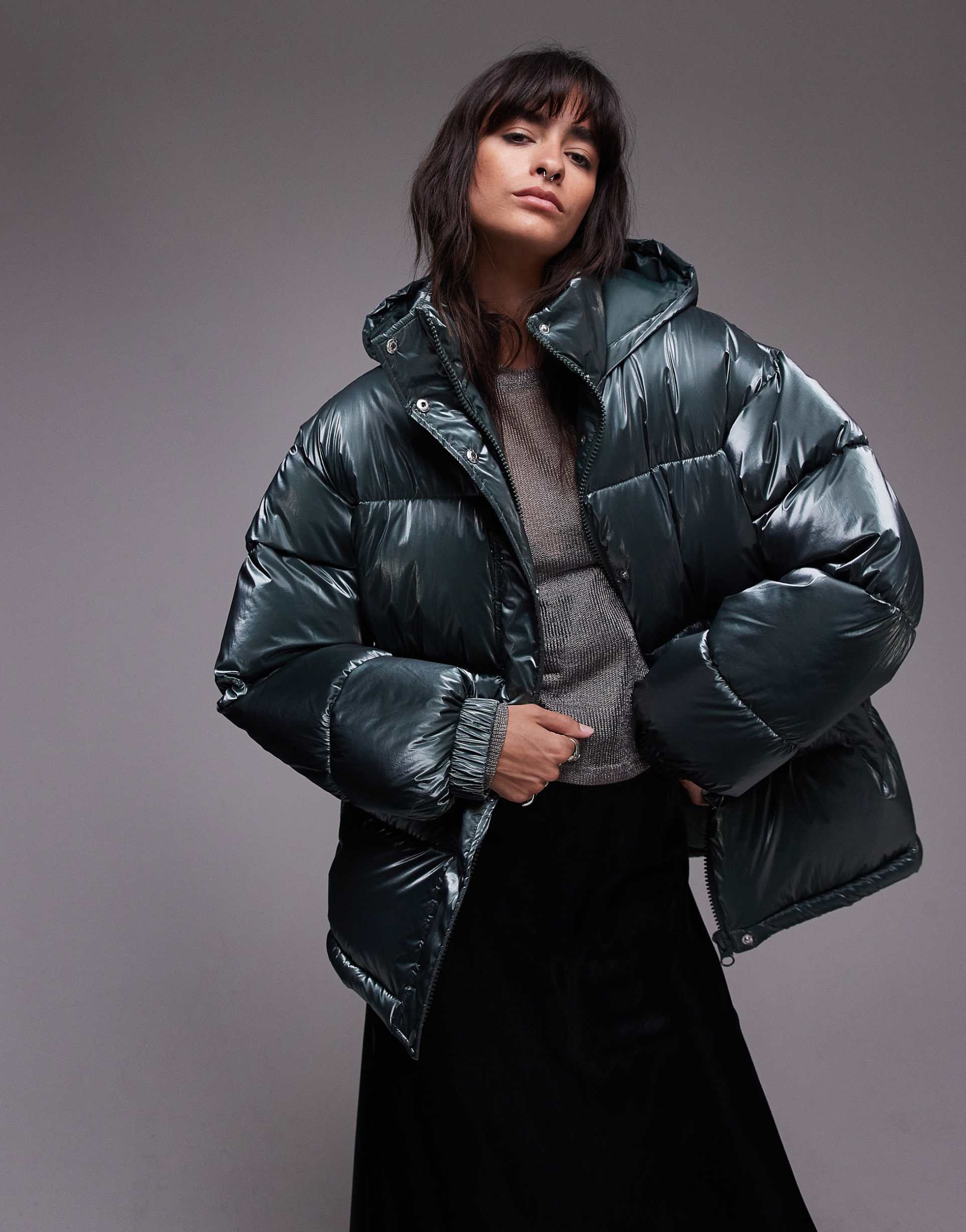 topshop puffer jacket in high shine green
