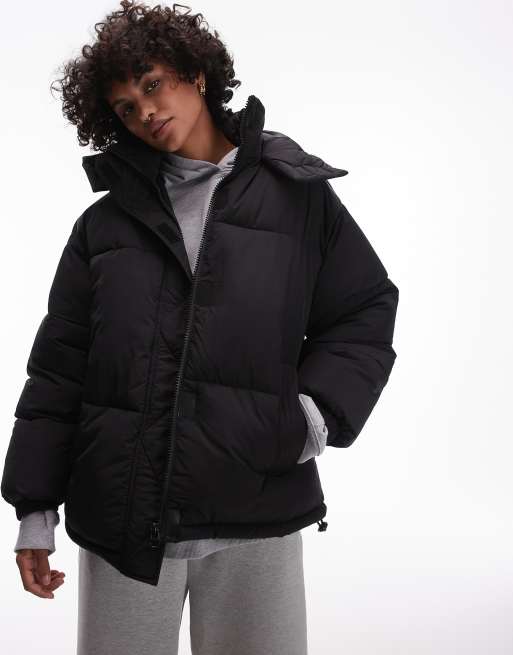 Topshop Puffer Jacket with Hood in Black