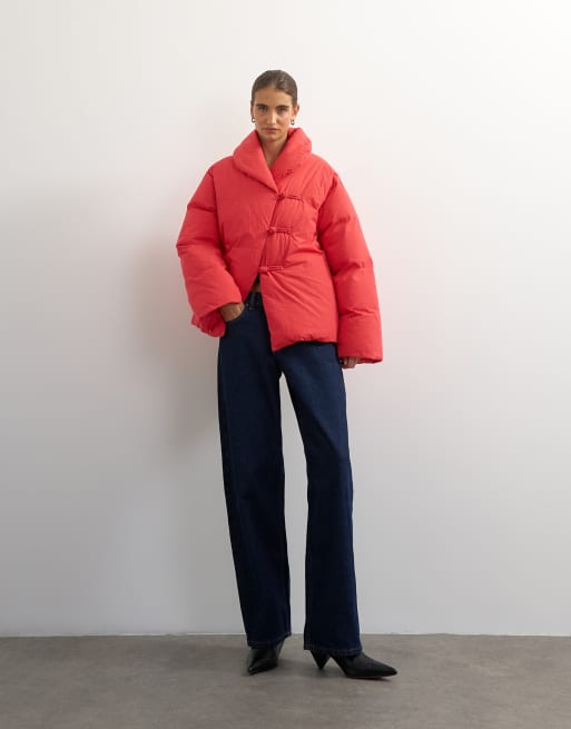 Topshop pufferjack met sjaal in rood, 2 van 4