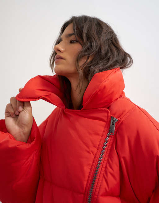 Topshop pufferjacka med avtagbar teddykrage, röd, 1 av 4