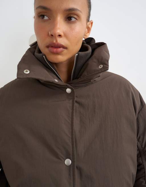 Topshop pufferjacka med dubbla kragdetaljer i brun, 3 av 4
