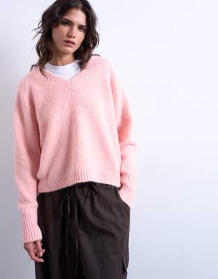 Topshop - Pull à col V en laine mélangée - Rose